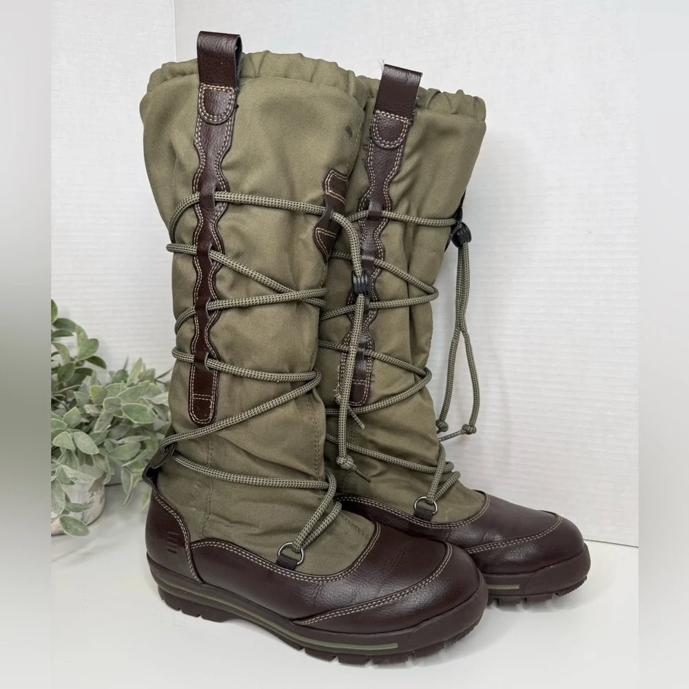 Lands End Women's Green Quilted Tall Outdoor Winter Fleece Lined Boots Size 6